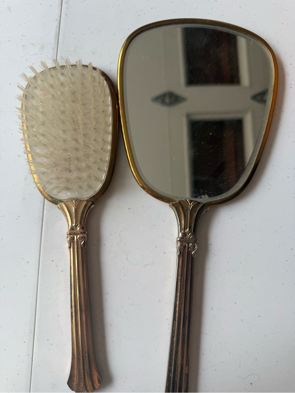 Elegant Gold Hand Mirror and Matching Brush Set